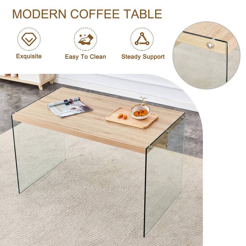 Roomfitters Modern Coffee Table with MDF Top and Dual Tempered Glass Panels for Elegant and Sturdy Living Room Use, Wood