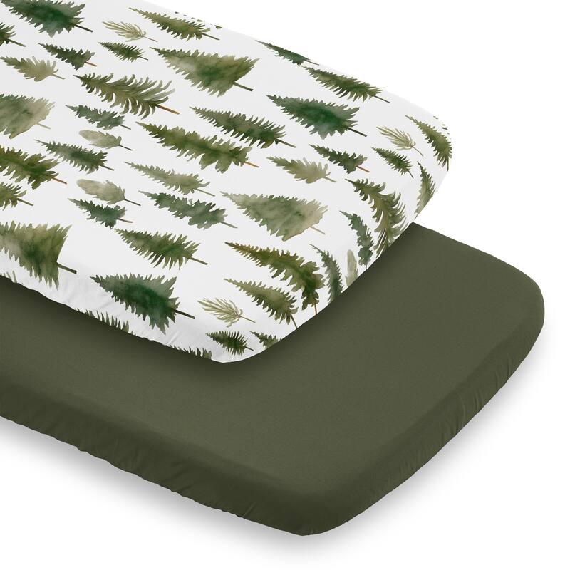 Sweet Jojo Designs Sage Green Woodland Boy, Girl, Unisex/Gender Neutral 2 Pack Baby Bassinet Fitted Sheets -Hunter & Forest Tree