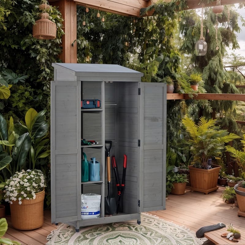 Outdoor Wooden Storage Shed with Metal Top Tall Vertical Tool Cabinet for Backyard Garden Patio Lawn