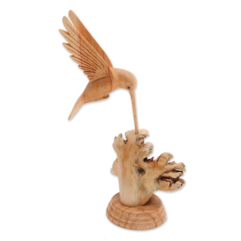 Novica Handmade Feasting Hummingbird Wood Sculpture - 7.75" H x 3.5" W x 3.9" D