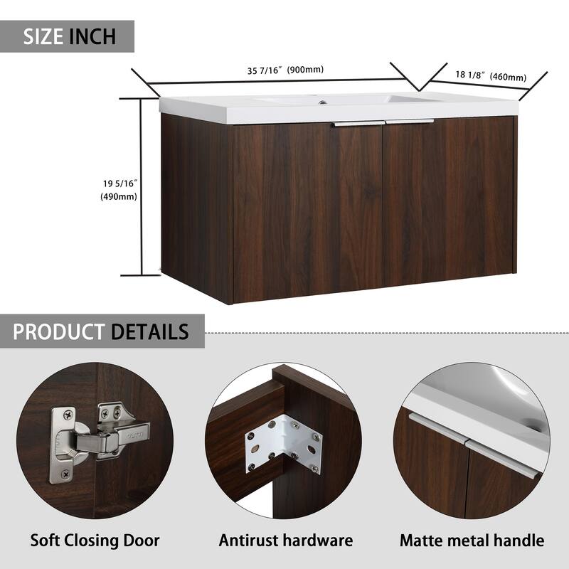 Floating Bathroom Vanity with Resin Sink, Soft Closing Doors, Metal Handles, and Ample Storage Space - 35.4in L Plywood