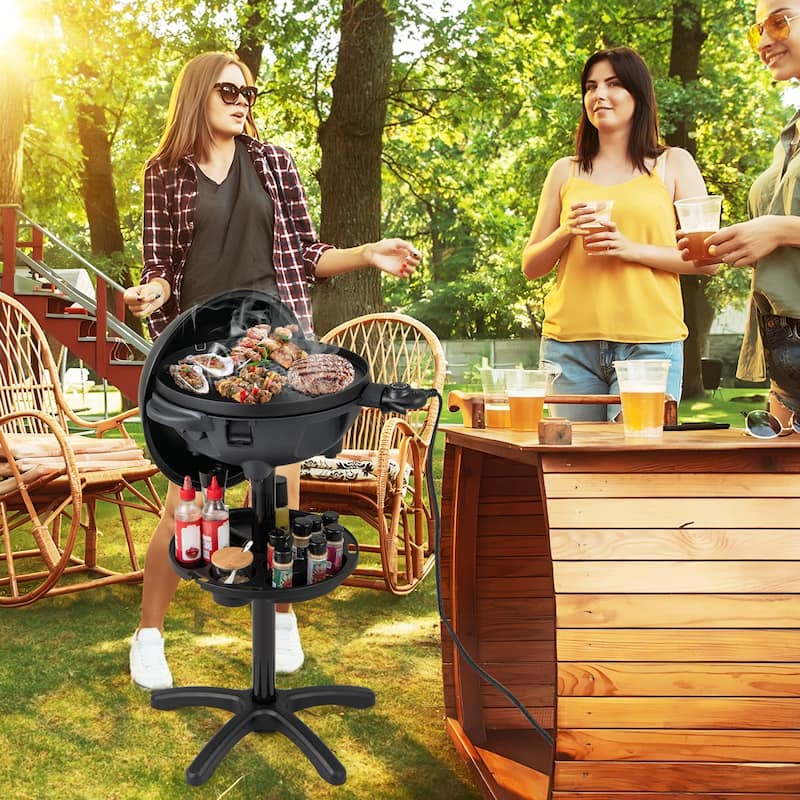 Black Metal Aluminum Electric BBQ Grill with 1200W Power Dual-Zone Cooking, Non-Stick Plate - 25" x 40"