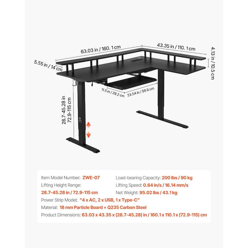 Black Particleboard L-Shaped Electric Height Adjustable Desk with LED Strip and Power Ports