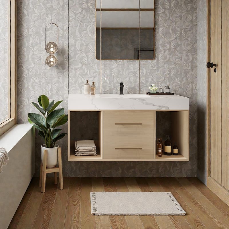 39.4" Floating Bathroom Vanity with Ceramic Sink, White Sintered Stone Top, Wall Mounted Cabinet with 2 Soft-Close Drawers