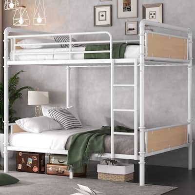 Twin XL Over Twin XL Bunk Beds , Industrial Heavy-Duty 2 in 1 Twin XL Bunk Bed with Ladder and Slats Support, High Guard Rail