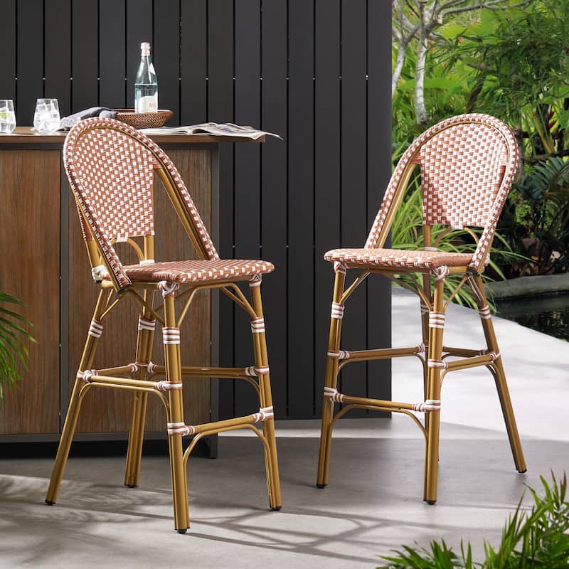 Outdoor PE Rattan French Barstool(Set of 2) - Rust Red,White