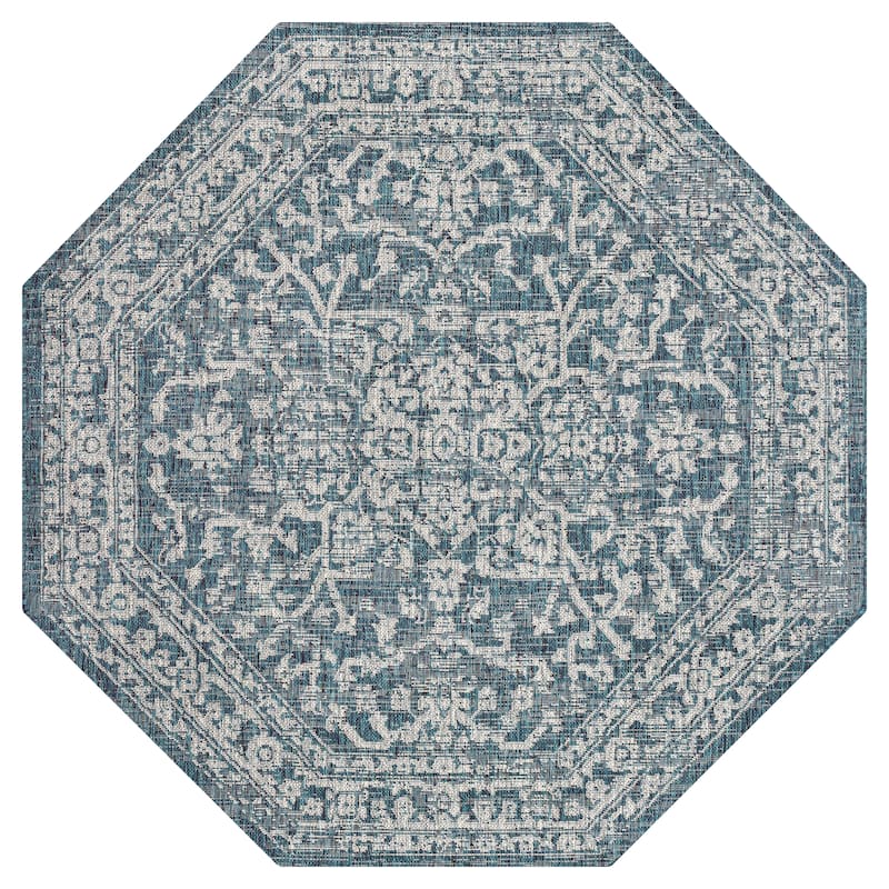JONATHAN Y Medallion Textured Weave Indoor/Outdoor Area Rug - 5' Octagon - Teal/Gray