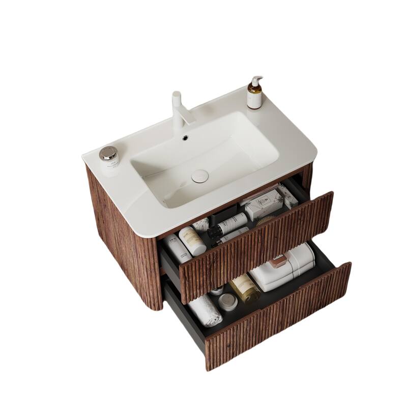 29.92" Wall-Mounted Bathroom Vanity with Premium Ceramic Sink, Retro Walnut Cabinet & Soft-Close Drawers - 29.92in L Ceramic