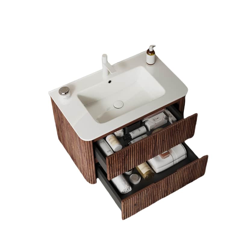 GDFStudio - Noor Modern Floating Bathroom Vanity with Dual Drawers & White Ceramic Basin, WITHOUT Faucet