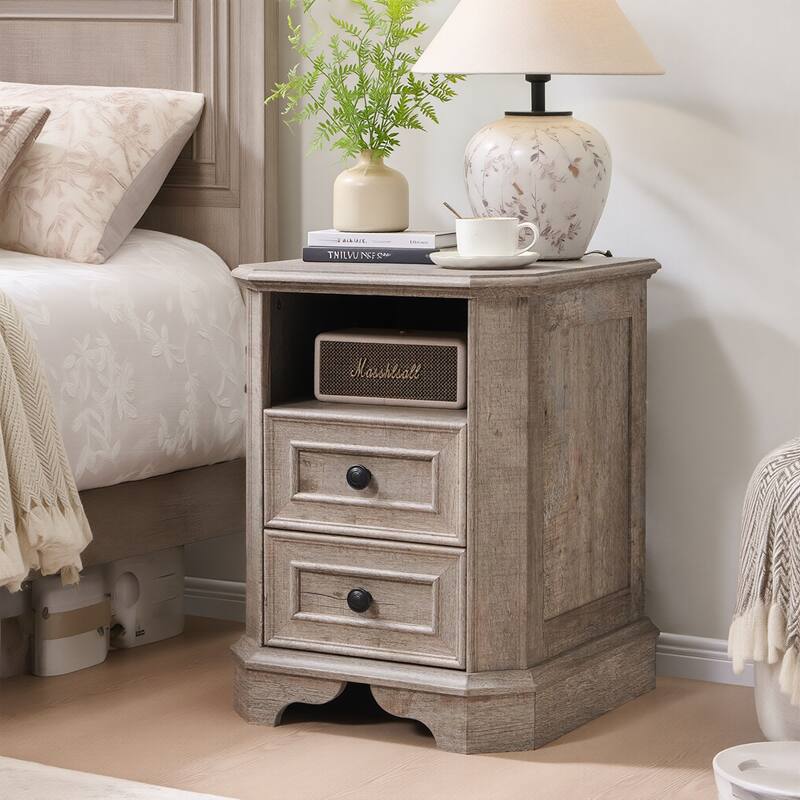 Farmhouse Nightstand with Charging Station, Beside Table for Bedroom - Grey