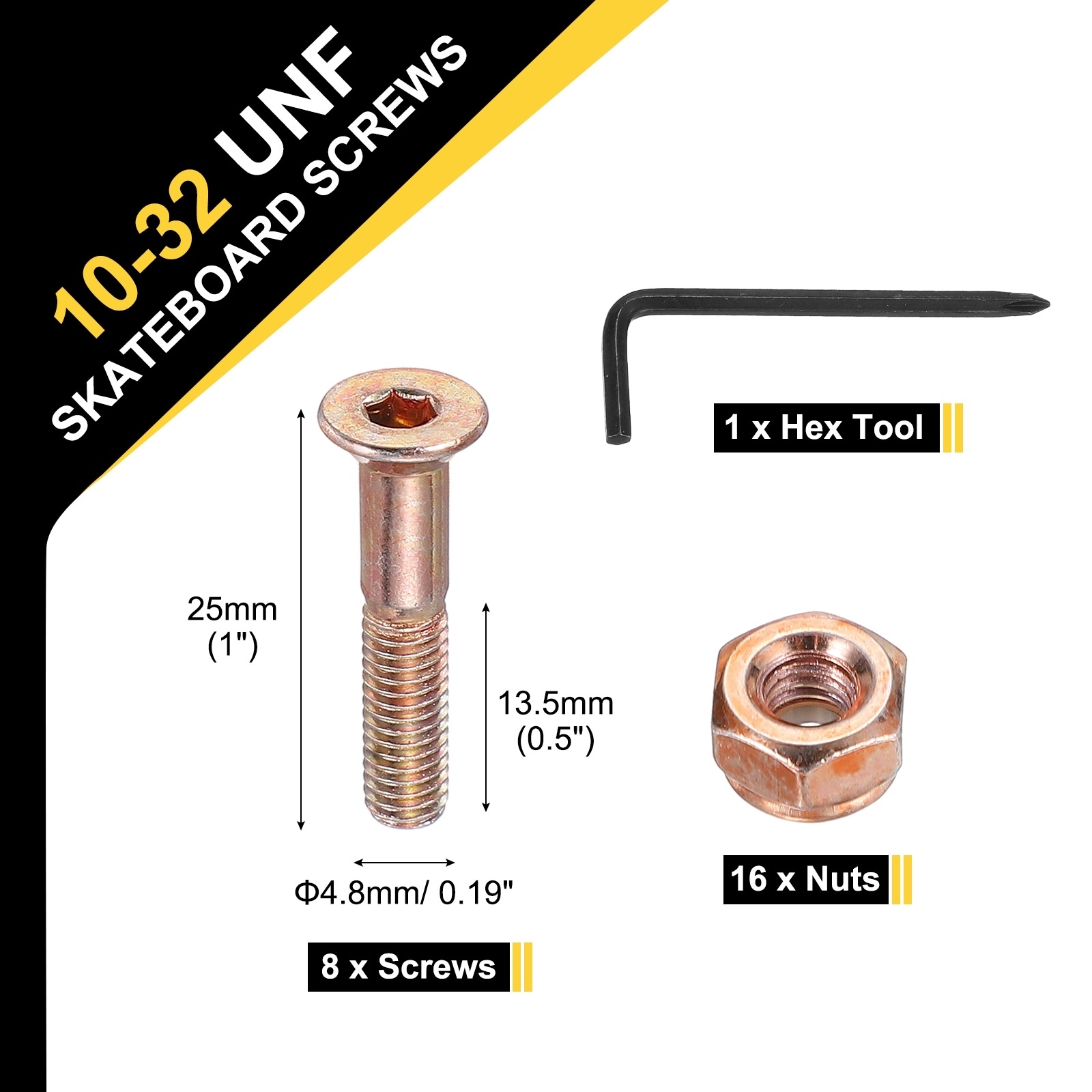 Skateboard Hardware Kit, Mounting Screw Bolts Nuts Set with Hex Key for Skateboard Cruiser