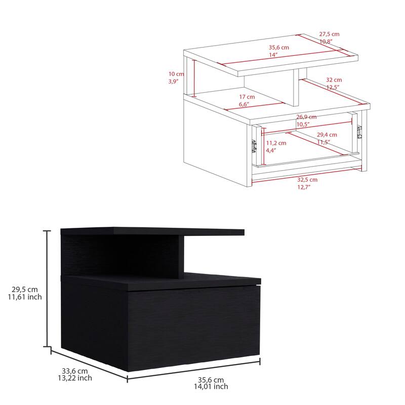 Floating Nightstand with Drawer and Open Shelves, Wall-Mounted Space-Saving Design