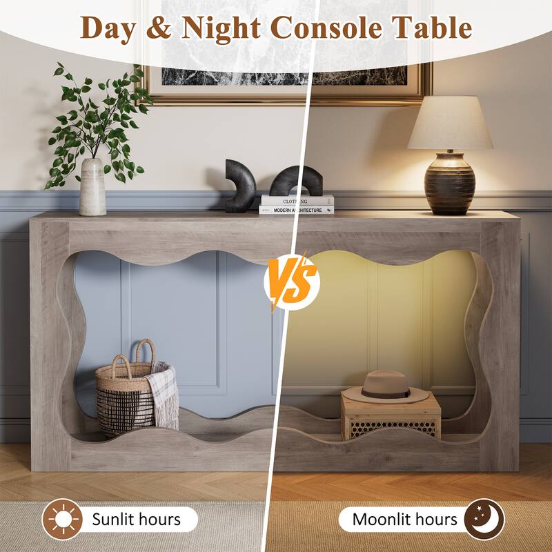 63-Inch Wooden Console Table with RGB & Curved Design, Entryway Table for Entryway Hallway