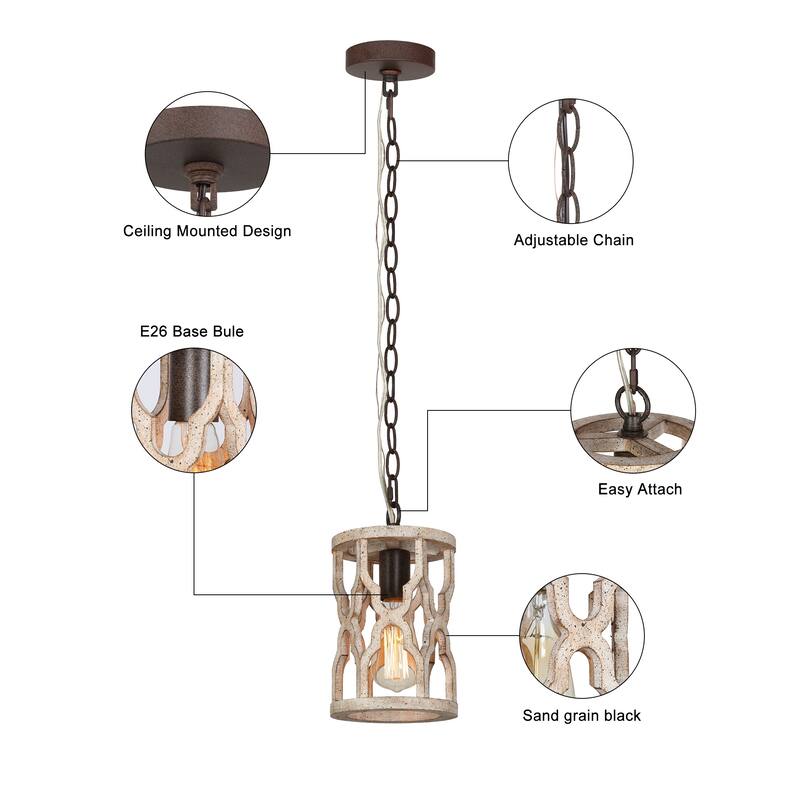 Farmhouse 1-Light Rustic Wood Pendant Light for Kitchen Island Dining Room - 6'' L x 6'' W x 11'' H