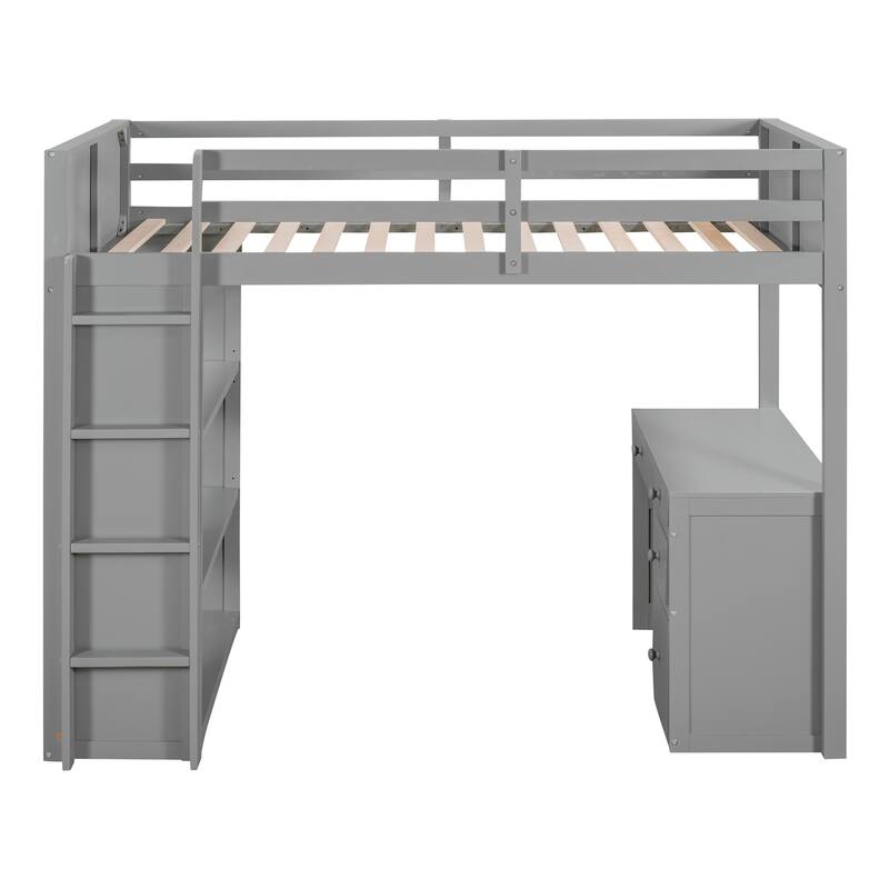 Twin Size Loft Bed with Ladder, Shelves, Solid Wood Loft Bed Frame with 4-Drawers Desk, Box Spring No Required