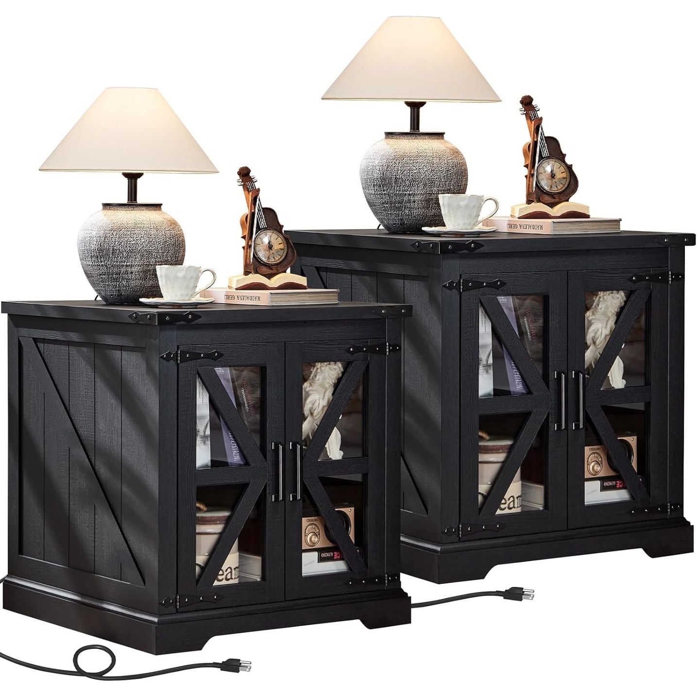 24inch End Table Set with Charging Station, Adjustable Storage Shelf, Farmhouse Night Stand with Glass Barn Door