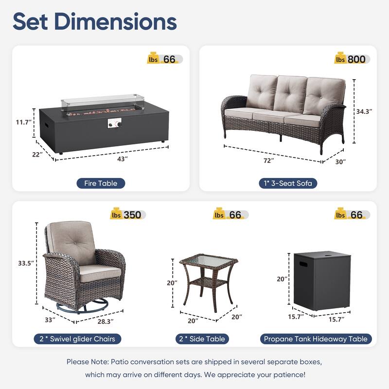 Pocassy Outdoor Sofa Swivel Chair Set with Fire Pit Table
