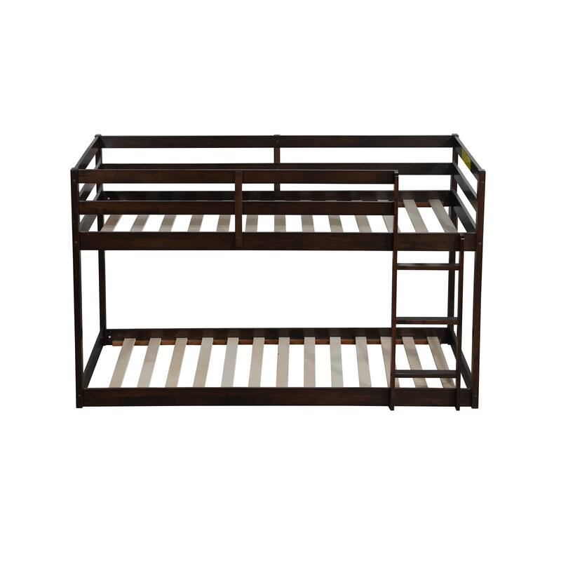 Roomfitters Solid Rubber Wood Twin over Twin Floor Bunk Bed with Ladder, Reinforced Slat Platforms, Low Height Design