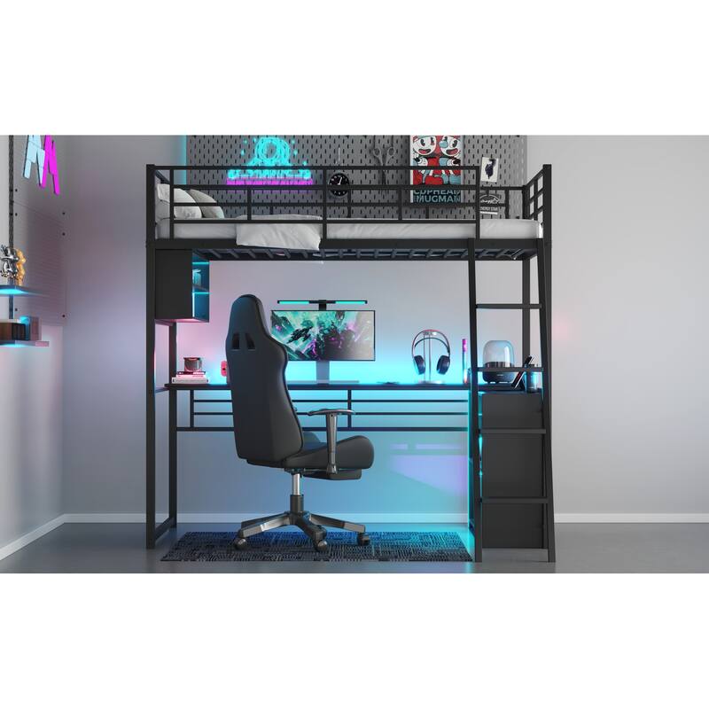 Full Size Loft Bed with Desk, LED Shelves, and Storage - Metal Frame with Guardrails and Ladder, Space-Saving Design for Teens