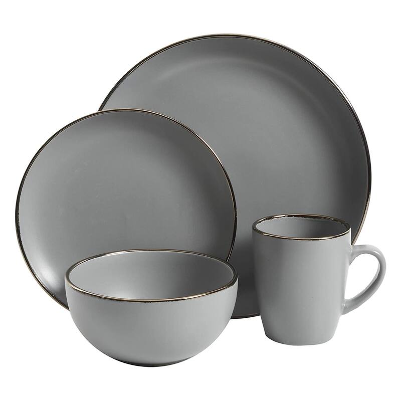 Gibson Home Rockaway Round Stoneware Dinnerware, Service for 4, Grey w/ Gold Rim - 23