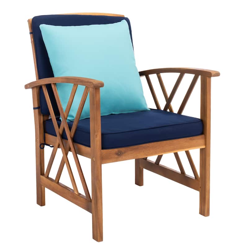 SAFAVIEH Outdoor Living Fontana Acacia/Navy Cushion 4-piece Patio Set
