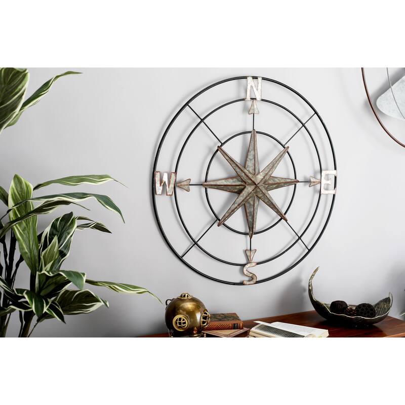 Gray Metal Indoor Outdoor Compass Home Wall Decor with Distressed Copper Like Finish - Gray