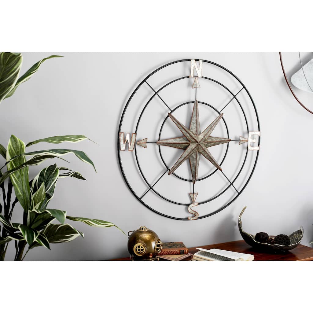 Gray Metal Indoor Outdoor Compass Home Wall Decor with Distressed Copper Like Finish