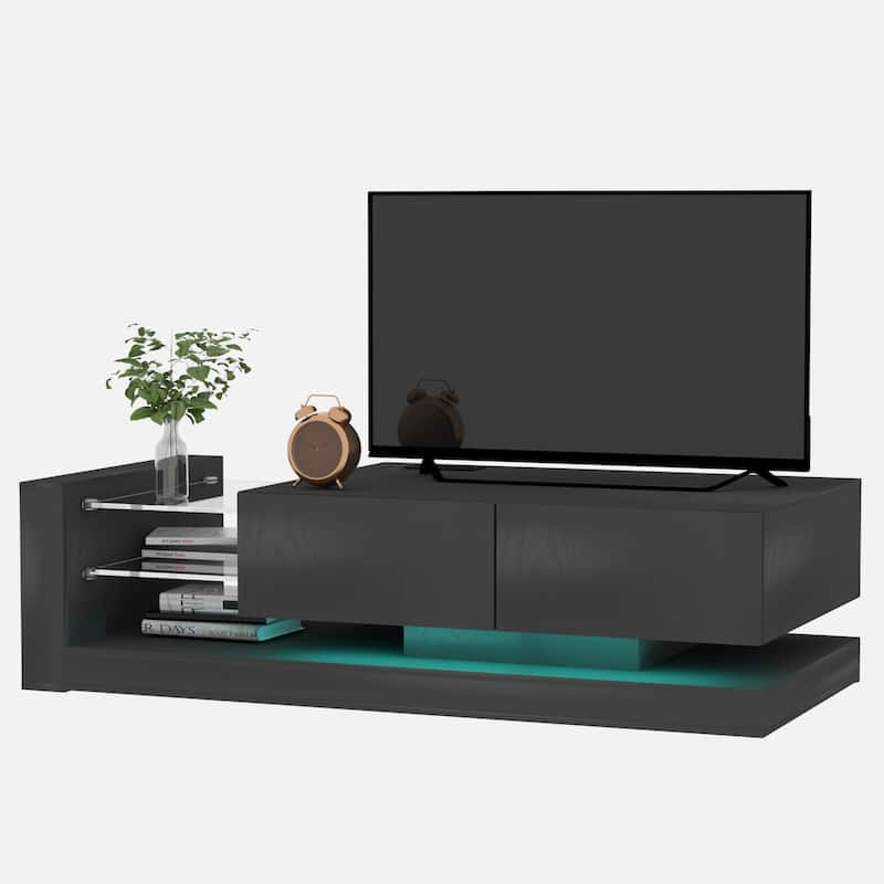 Wood TV Storage Console for TVs up to 75", Media TV Console Table with Open Shelves & 2 Cabinets, TV Stand with LED Lights - Black