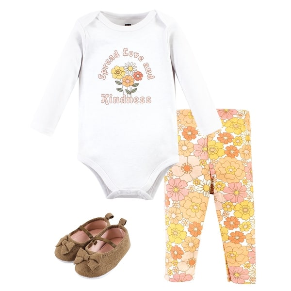 slide 1 of 1, Hudson Baby Infant Girl Cotton Long-Sleeve Bodysuit, Pant and Shoe Set, Peace Love Flowers 0-3 Months - Peace Love Flowers Long Sleeve
