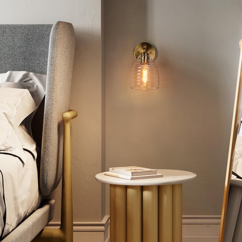 Reno Mid-Century Modern 1-Light Gold Bathroom Vanity Lights Clear Glass Wall Sconce - L 5.5" x W 7.5" x H 9.8"