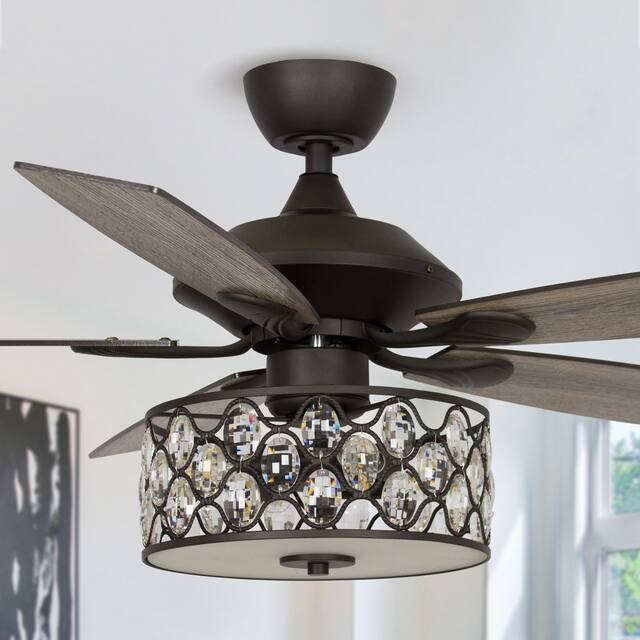 52-inch Crystal Chandelier Wooden 5-Blade Ceiling Fan with Remote - Matte Black