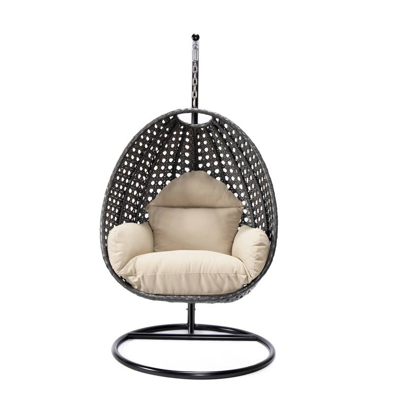 LeisureMod Charcoal Single Seater Rattan Wicker Egg Swing Hanging Chair for Indoor Outdoor Patio Porch Backyard Garden