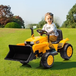 Electric 12V Ride-On Tractor with Front Loader, Remote Control, Bright Headlights, and Digging Handle for Kids Ages 3-6