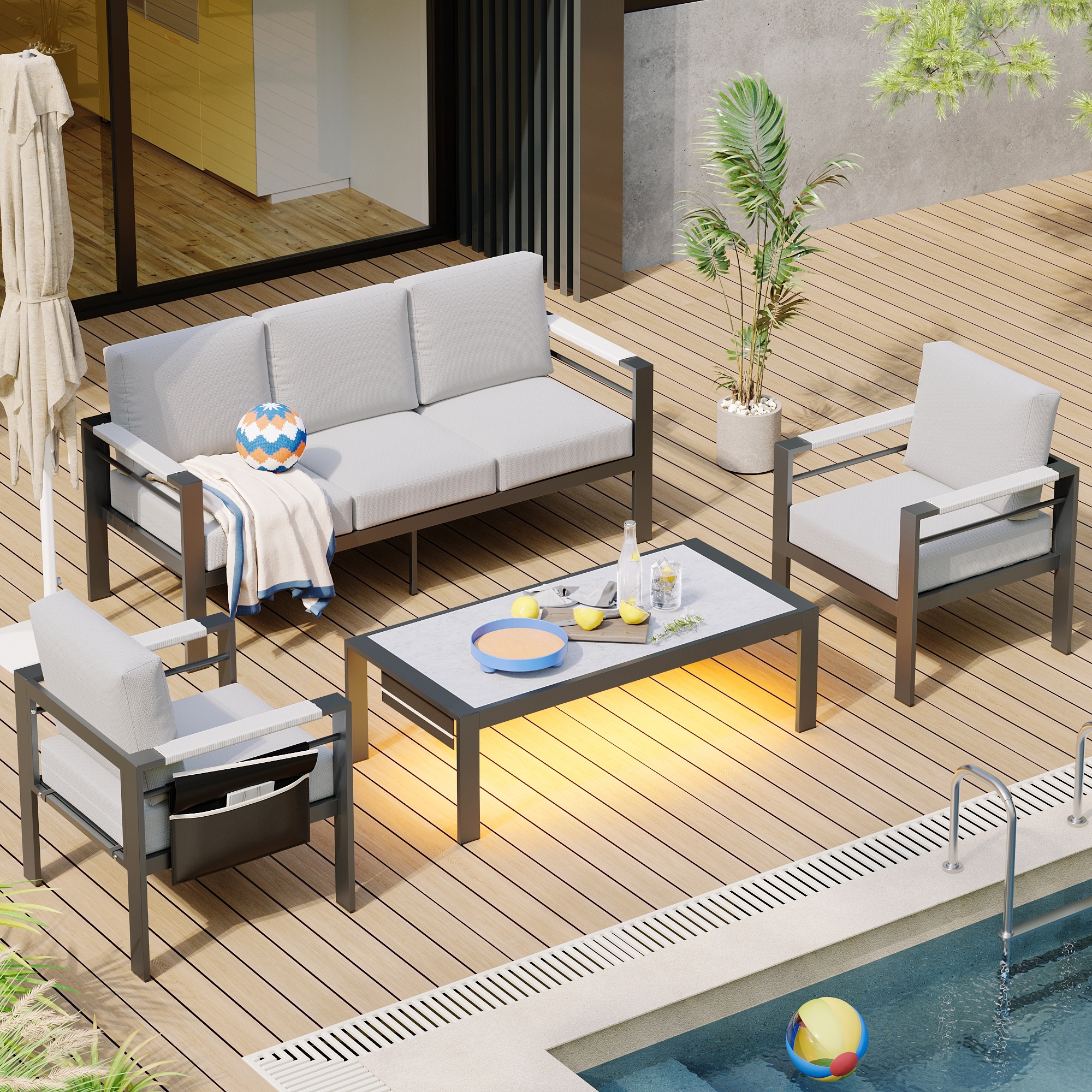 4 Piece 5 Seat Aluminum Patio Conversation Set with Cushions LED Coffee Table and Sofa Bed Bath Beyond 40188926