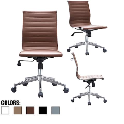 Brown Sleek Swivel Modern Style Adjustable PU Leather Office Chair Mid-Back Armless Ribbed Chair Conference Room No Arms