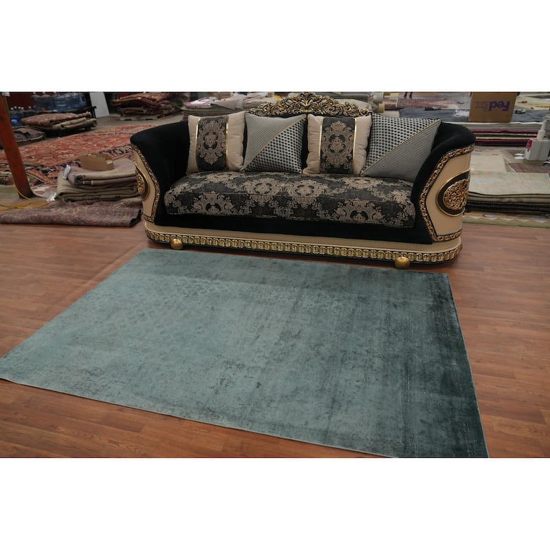 Machine Made Oriental Polyester Carpet Geometric Navy Blue & Blues Distressed Area Rug - 7' 5'' X 5' 2''