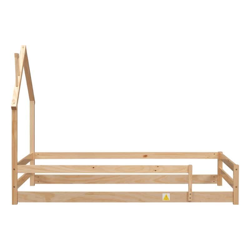 Twin Size Wood Bed Frame with House-shaped Headboard Floor bed with Fences