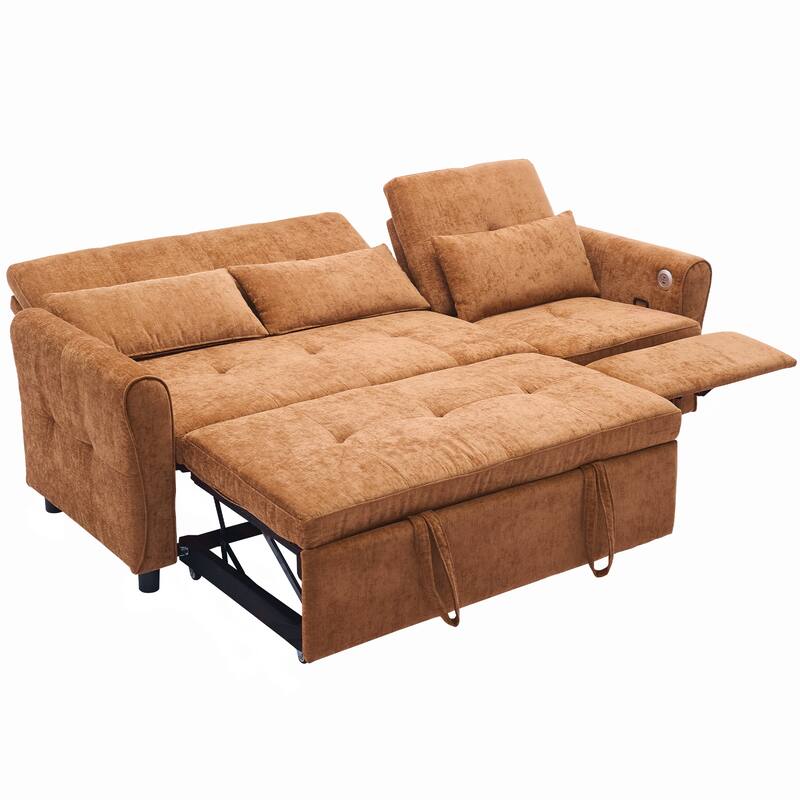 82" Chenille 2-in-1 Sofa Bed with Adjustable Backrest, Reversible Chaise, USB Charging Ports