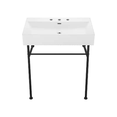 Claire 30" Console Sink White Basin Black Legs With 8" Widespread Holes - 30" x 16" x 35"