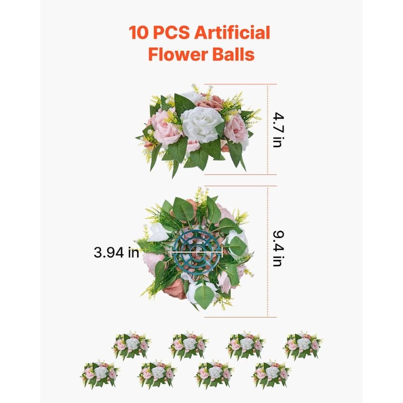 White-Pink Silk Flower Balls Set of 10 with Plastic Stem Bases - 9.4 x 9.4 x 4.7 inch