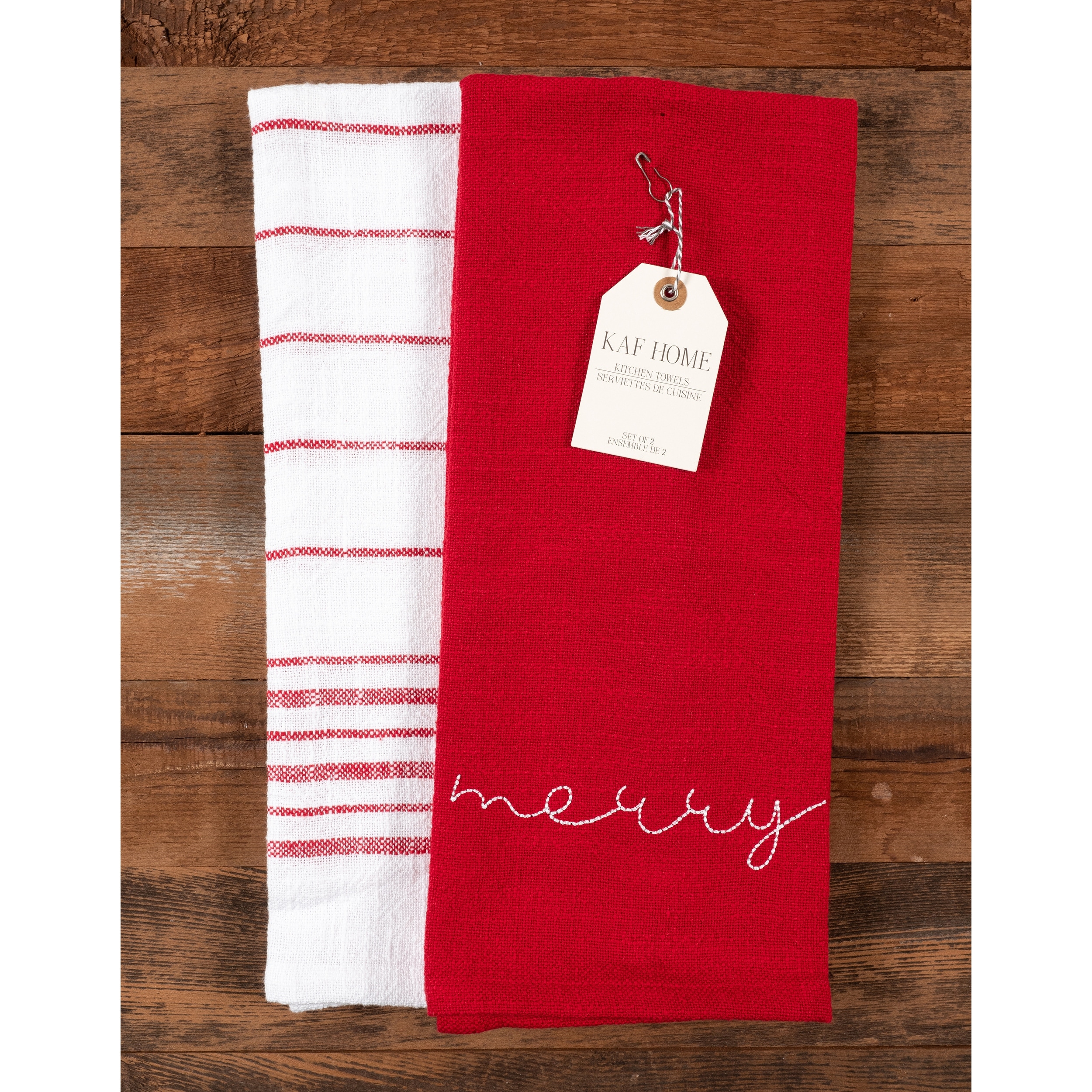 Kitchen Towels Holiday Red Embroidered Monaco - Merry (Set of 4) - 28" x 18"