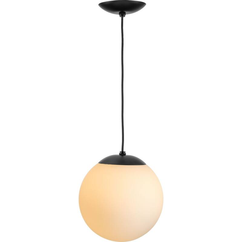 Atwell Collection Matte Black and Opal Glass Globe Medium Hanging Pendant Light - 10 in x 10 in x 10.5 in