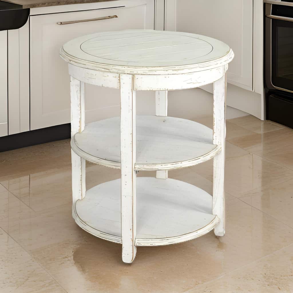 Rena Side End Table with 2 Shelves, 24 Inch Round White Mahogany Wood
