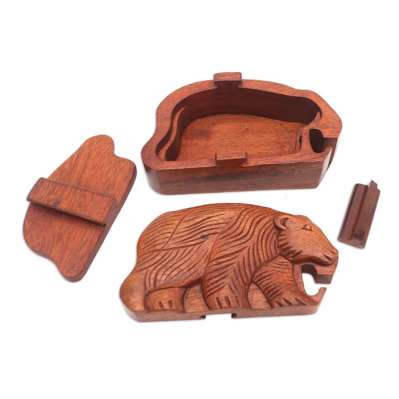 Novica Handmade Hungry Bear Wood Puzzle Box