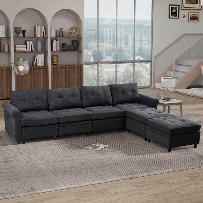 Convertible Sectional Couch, U Shaped Sofa with Adjustable Ottomans, Antique Grey White - Symmetrical - Dark Gray