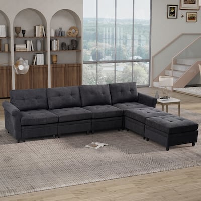 Convertible Sectional Couch, U Shaped Sofa with Adjustable Ottomans, Antique Grey White