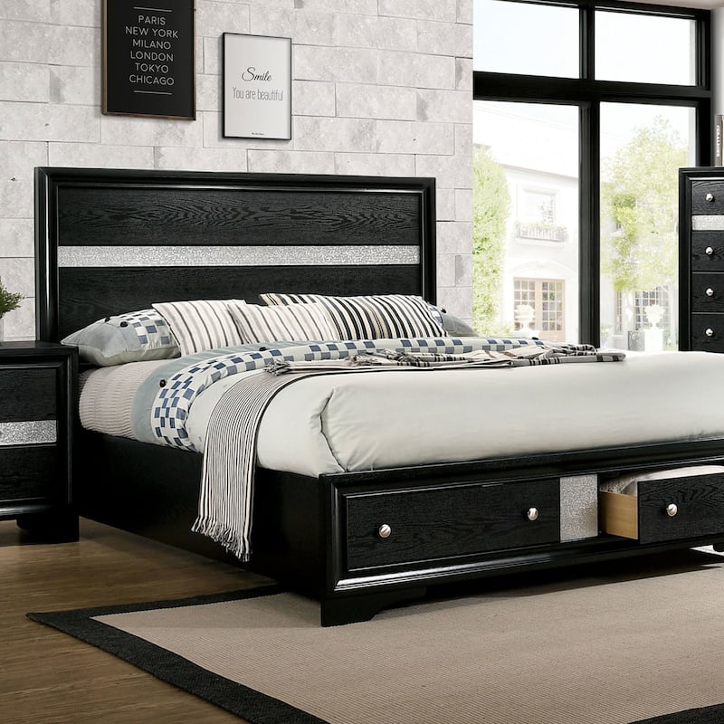 1pc Contemporary Queen Size Bed Black Solidwood 1pc Bed Bedroom Furniture Storage FB - Black