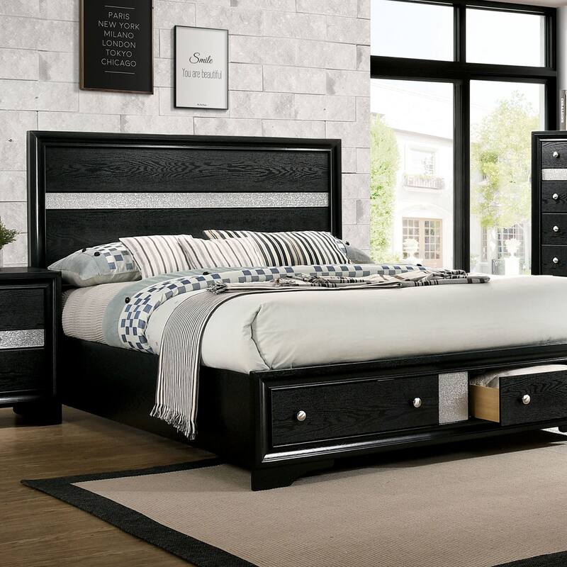 Queen Size Black Panel Headboard Bed with Drawers