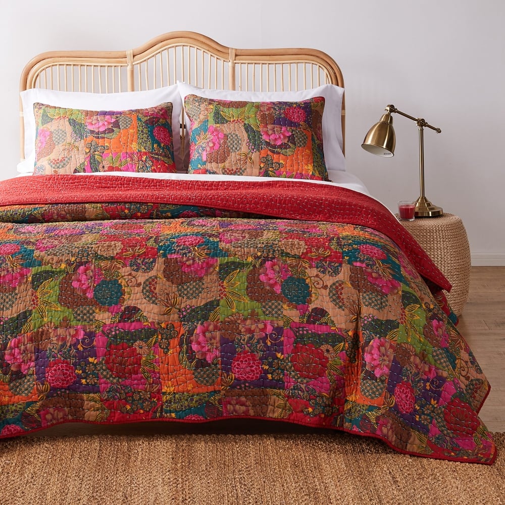 Greenland Home Fashions Jewel 100% Cotton Kantha-Style Boho Floral Quilt Set