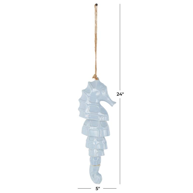 Blue Ceramic Sea Horse Indoor Outdoor Windchime with Brown Rope